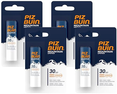 PIZ BUIN Mountain Lippenpflege LSF 30, feuchtigkeitsspendender Lippenpflegestift für Wintersportler, effektiver Wind- und Sonnenschutz für die Lippen, 4,9 g (Packung mit 4)