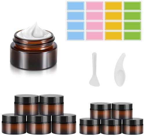 Lot de 10 Pots vides en Verre ambré, Pots à crème, récipients en Verre Marron de 20 ml/30 ML, avec Autocollant, Distributeur de Pots de Voyage Rechargeables Marron pour Lotion, crème, cosmétiques