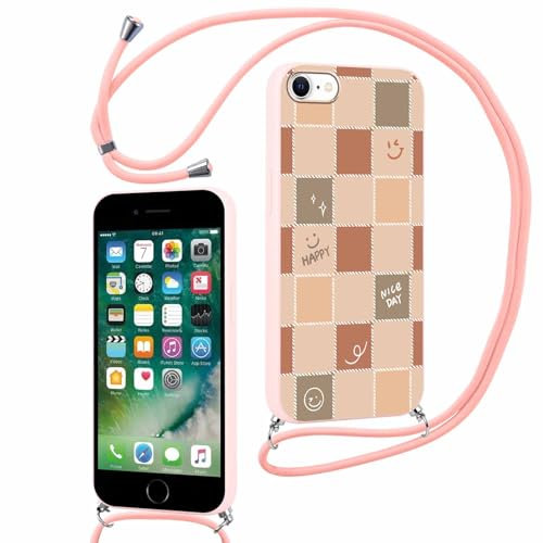 Kueqeay Cordon de Coque pour iPhone 7/8/iPhone SE 2022/2020 6,1'', Grille Esthétique Motif Design Rose Silicone Givré Cover Laniere Accroché Autour Collier Réglable Housse Extrême Antichoc Case, 03