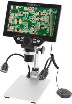 Irfora B1200 Digitales Mikroskop, 7 Zoll großer Farbbildschirm, LCD-Display mit großer Basis, 12 MP, 1–1200-fache Lupe mit kontinuierlicher Verstärkung, Metallständer und Zwei Zusatzlichtern