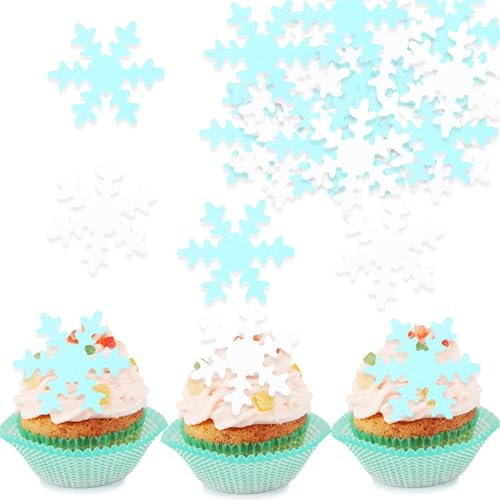 ENLACE Schneeflocke Tortendeko Essbar,50 Stück Frozen Tortendeko Geburtstag,Blau Weiß Schneeflocken Kuchendeko,Weihnachten Muffin Deko Essbar,Essbare Schneeflocken für Torten Winterkuchen Neujahr