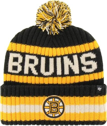 47 NHL Mütze für Erwachsene, Team-Farbe, offizielles Lizenzprodukt, Bering, Sport, Strickmütze mit Bommel, für kaltes Wetter, Boston Bruins - Schwarz, Einheitsgr��e
