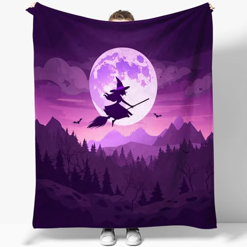 Bedding Flannel Throws Blanket 180 x 220 cm, Witch Moon Fuzzy Warmth Soft Blanket, Halloween Themed Witch Brooms Comfy Sherpa Fleece Blanket, Reversible Bed Blanket Easy Care for Couch, Sofa