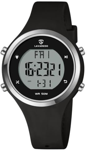 Timever Montre Femme Digitale avec Bracelet en Silicone,Alarme, Chronomètre,Date,Eclairage,Compte à rebours, Deuxième Fuseau horair,Snooze AllBlack