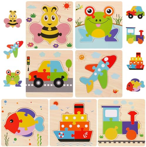 Kaisibum 7 Stück Holzpuzzle Kinder, Holzpuzzle Holzspielzeug ab 3 Jahre, Steckpuzzle Spielzeug Karikatur Lernspielzeug Pädagogisches Puzzle für Junge,Mädchen