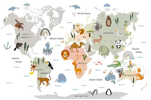 Mappa del Mondo Animali Adesivi Murali, Mappa del mondo e Animali Stickers Murali Bambini, Animal World Map Wall Stickers, Adesivo da Parete con Mappa del Mondo Degli Animali per Camerette Bambini