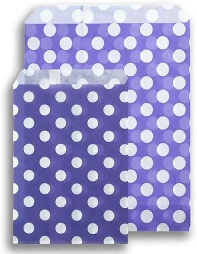 ezkart | 5x7 | Pack of 100 Assorted coloured striped paper bags Ideal for multiple occasions. Quality paper sweet bags (Purple Polka, 5x7-100 Bags)