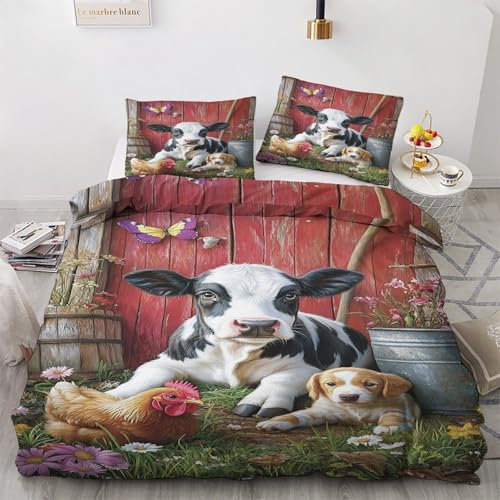 Maohryzed Kuh-Hühn-Hund Bettwäsche 155x220cm 3teilig, Soft Nutztiere Bettbezug, Warme Winter Bettwäsche-Sets, Microfaser Wendebettwäsche mit Reißverschluss und 2 Kissenbezüge 80x80 cm