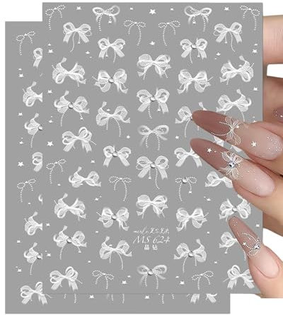 LOZTBUE 2 adesivi per unghie bianchi con fiocco di pizzo Adesivi per unghie con fiocco di strass di cristallo Adesivi per unghie con fiocco di strass Adesivi per unghie con fiocco Nail art