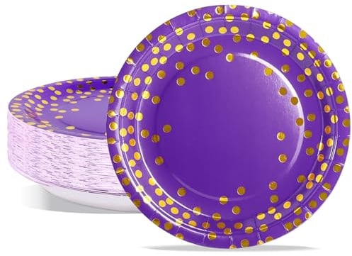 PYAILI Assiettes Jetables de Fête en Carton Violet et Or - 50 pièces (23 cm)
