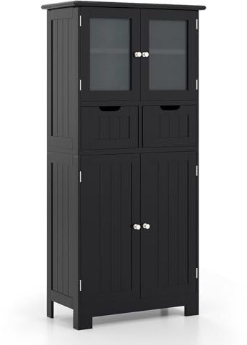 COSTWAY Bathroom Floor Cabinet, Freestanding Storage Cupboard with Tempered Glass Door, 2 Drawers and Adjustable Shelves, Wooden Floor Storage Cabinet Unit for Living Room Kitchen Hallway (Black)
