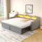 Dolamaní Tagesbett 90/180x200 cm mit Ausziehbett Gleiche Höhe, Bett Ausziehbar zum Doppelbett, Schlafsofa mit LED-Licht und USB-Buchse für Erwachsene 2 Personen, Leinennn (Hellgrau C)