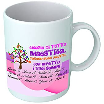 Overthetee Tazza Maestra Personalizzata con Nomi Bambini - Grazie di tutto Maestra -Disegno Albero - Regali per Maestre
