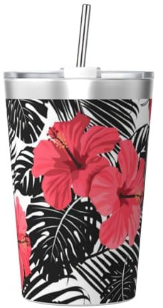QGWDYYJQ Tazza termica portatile con ibisco rosso, 350 ml, con cannuccia conica