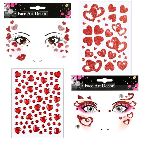 Gesichtstattoo Herzen 4 Blatt – Glitzer Köln Tattoos Aufkleber Gesicht mit 3D Strass Herz, Face Fake Tattoo für Karneval Fasching, Amor Kostüm Damen Valentinstag Schminke Accessoires