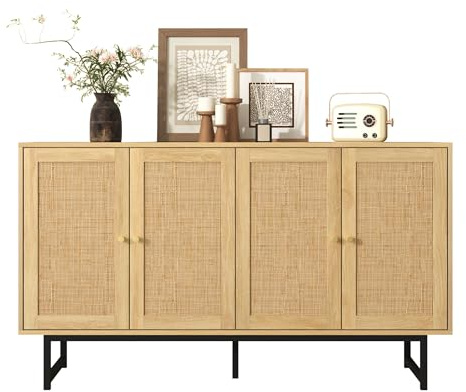 DHWDS Sideboard mit Rattan & 4 Türen, großer Stauraum Kommode für Wohnzimmer, Schlafzimmer & Flur, saugroboterfreundlicher Aufbewahrungsschrank 140 x 39,5 x 80 cm in Holzoptik