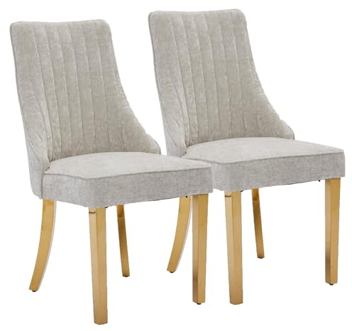 SEEDWAVE Esszimmerstühle 2er Set mit Chenille-Bezug, moderner Küchenstuhl mit geschwungenen Metallfüße und verstellbaren Fußpads, für Esszimmer, Küche und Schlafzimmer (Beige)