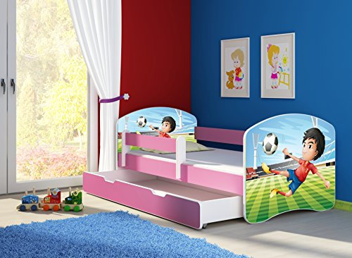 CLAMARO 'Fantasia Pink' 140 x 70 Kinderbett Set inkl. Matratze, Lattenrost und mit Bettkasten Schublade, mit verstellbarem Rausfallschutz und Kantenschutzleisten, Design: 13 Fußballstar