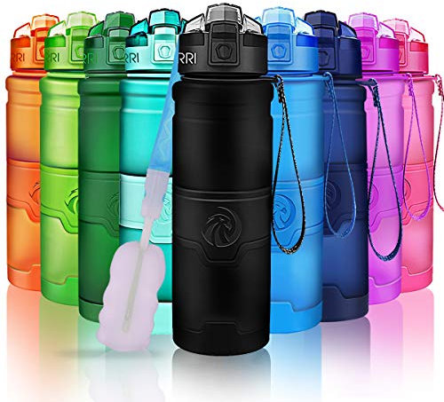 ZORRI Bouteille d'eau Plastique sans bpa Fitness Gourde Sport Ouvrir en 1 clic ,Noir ,700ml-24oz