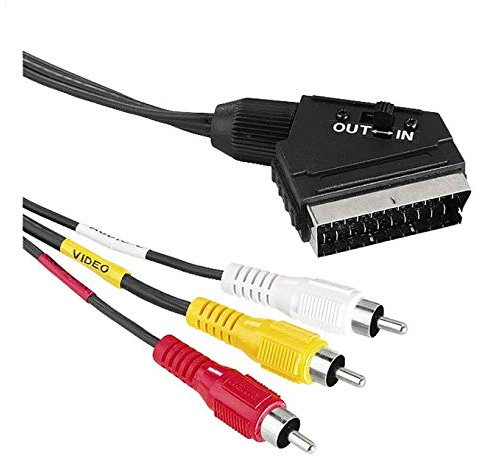K M Electronics® SCART Plug Male Switched in Out to 3 Phono RCA Stereo Audio Video Cable 1.5M