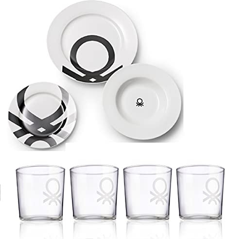 UNITED COLORS OF BENETTON PK2922 Vajilla 18 pcs y 4 Vasos de Agua de Cristal, Loza, Transparente