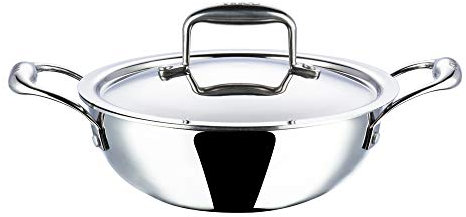 Vinod Platinum Kadai Triply Stainless Steel | Suitable for Indian Cooking, Sauces, Stews, Soups | Deep/Extra Deep Kadai with Lid | Induction, Electric Friendly (Extra Deep Kadai, 22cm)