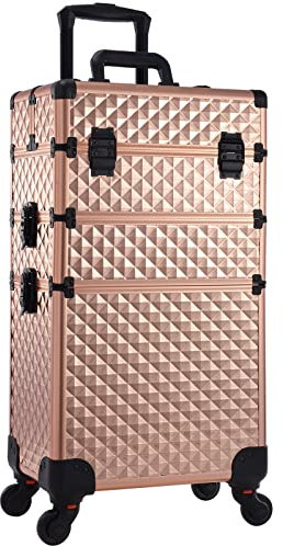 Adazzo 3 in 1 Professional Rolling Makeup Train Case Aluminum Trolley Case with 360° Rotation Wheels for Makuep Artist Cosmetic Suitcase Organizer with Lock and Key Diamond Pattern, Rose Gold,
