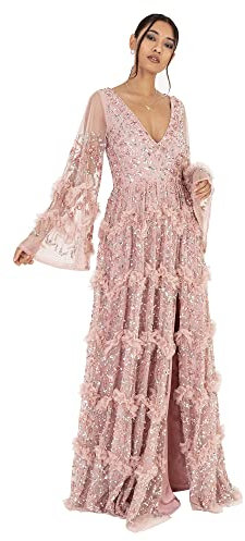 Maya Deluxe Damen Ladies Womens Maxi V Neckline Sequin with Ruffle Empire Waist Slit Split for Prom Ball Bridesmaid Wedding Guest Dress, Frosted Pink, 40 EU