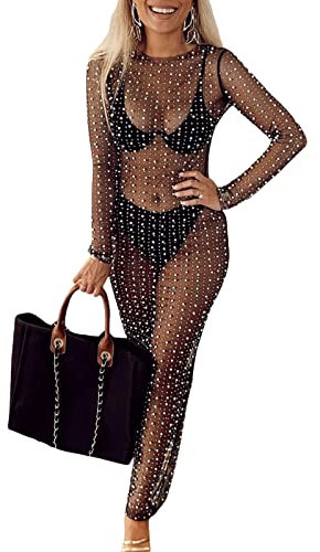 Chloefairy Vestido de malla con diamantes de imitación para mujer, vestido sexy y transparente para traje de baño, traje de baño, ropa de playa, Negro -, S