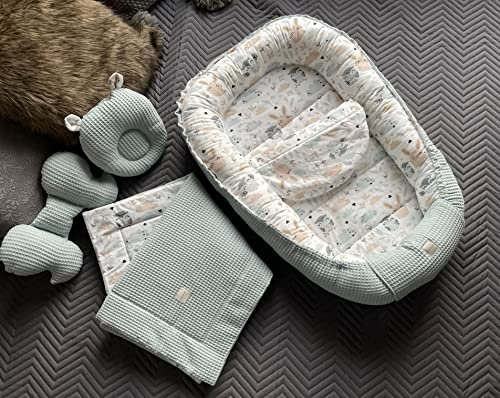 Minze WAFFELPIQUE/HASE Beige-Weiß Babynest Babyaustattung Neugeborene Baby Unterlage Reisebett Nestchen SOLO/o. in PREMIUM Geschenk SETS (Nestchen + DECKE (80x100cm) + MATRATZE + 2 x Kissen)