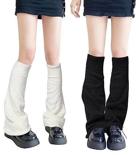 QKURT 2 Paar lange Beinstulpen, gestrickte Winter-Thermo-Beinstulpen, Punk-Kniestrümpfe, Stiefel-Manschettenwärmer für Damen und Mädchen