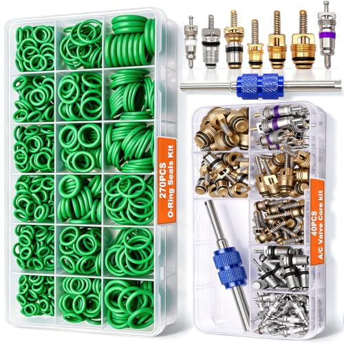Taiss Kit de réparation de climatisation automobile : 270 joints toriques + 40 tiges de valve avec outil de retrait, adapté à R12 R134a, joints de compresseur auto