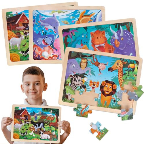 Puzzle ab 3 4 5 6 Jahre, 4 * 24 Stück Holzpuzzles Spielzeug für Jungen Mädchen, Holz Puzzle Kinder Dinosaurier Bauernhof Tiere Meereswelt, Bodenpuzzle Montessori Kinderspielzeug für Geschenk