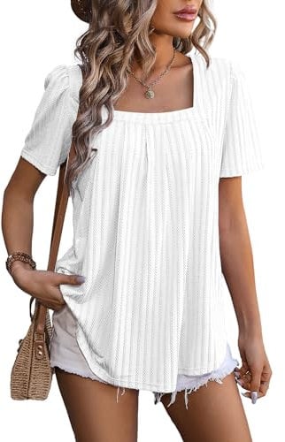 Flikity Blouses for Women UK, Square Neck Womens T Shirts Ladies Summer Tops Puff Sleeve Pleated Blouses Business Casual Work Wear Long Tops to Wear with Leggings Loose Fitting White L