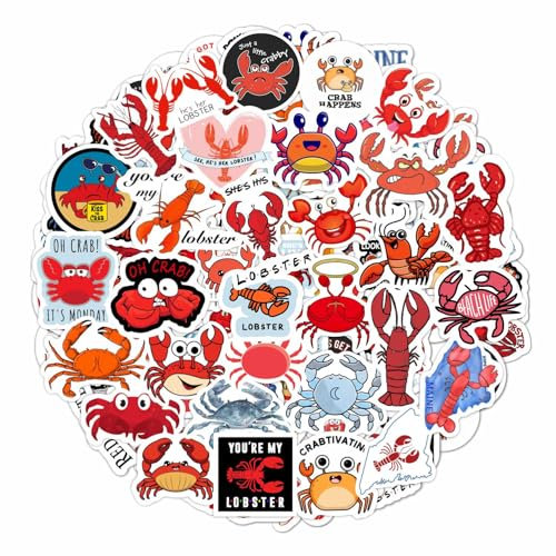 BulbaCraft Crab & Lobster Stickers for Water Bottle and Laptop - Marine Life Party Favors & Decorations, Waterproof Vinyl Sea Creature Decals, Lobster Stickers Laptop Decals, Gifts for Women & Men