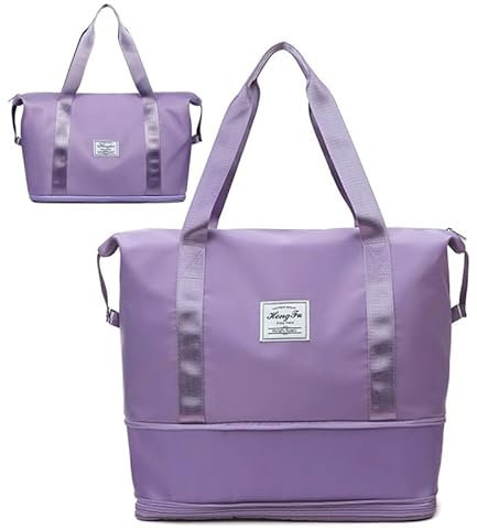 Travel Duffel Bag with Trolley Sleeve - Sports Gym & Weekender Tote for Women & Men - Waterproof, Dry-Wet Separation, Extendable (Purple)