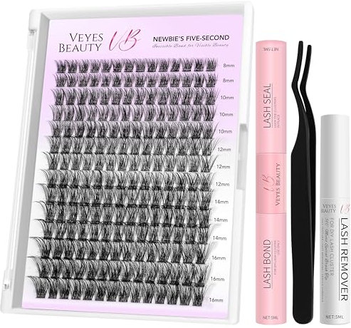 VEYESBEAUTY Faux Cils Kit Extension Cils Newbie's Five-Second Cils Individuels Avec Colle Volume Russe Cluster Lashes Mixte Diy à La Maison Cils Individuels (Boldeye Kit, 8-16mm)