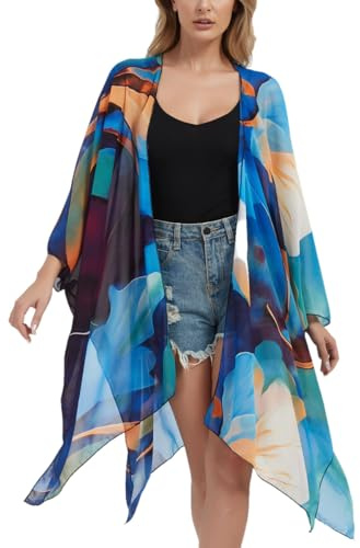 Women's Kimono Cardigan Long Chiffon Floral Swimsuit Cover up Bohemian Beachwear Bikini Shawl Tops