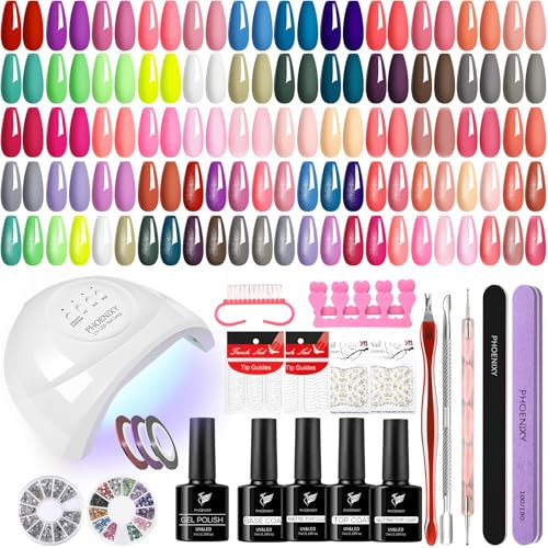 Gel Nail Polish Set, Phoenixy 40 Colours Gel Nail Polish with 48W UV Lamp, Gel Nail Kit with Glossy Matte Glitter Top Coat Gel Nail Varnish Set Gift for Women
