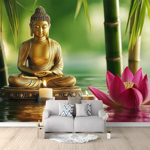 Tapete Fototapete Eleganter Buddha, Lotus, 250 x 175 cm Vlies Tapeten Moderne Wandtapete Wohnzimmer Schlafzimmer Grün Und Gold Tapete ideal für Küche und verschiedene Räume