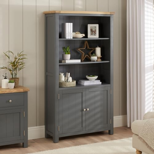 The Furniture Market Marbury Slate Grey Painted | Tall Wide Bookcase with 2 Door Cupboard | Fully Assembled | Adjustable Shelves | Brushed Nickel Handles | H 1800 x W 1000 x D 360mm