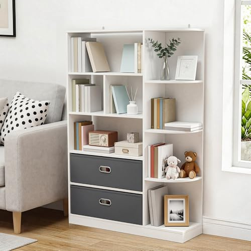 YITAHOME Freistehendes Bücherregal, Regal mit 8 offenen Regalböden und 2 Stoffschubladen, Beistellschrank für Wohnzimmer, Schlafzimmer, Büro, Weiß, 80 B × 24 T × 115 H cm