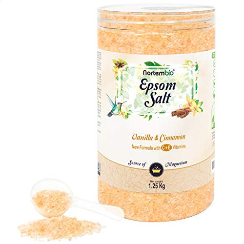 Nortembio Epsom Salz 1,25 Kg. Neuartigen Duft von Vanille und Zimt. Hydratisiert mit Vitamin C und E. Badesalz und Körperpflege. E-Book Inklusiv.