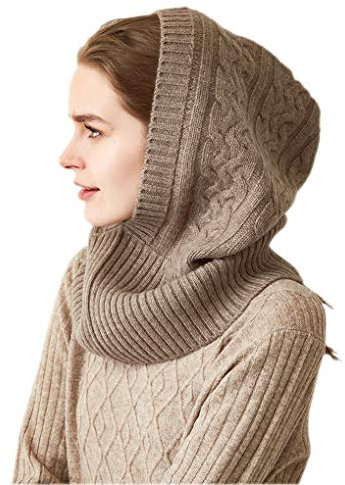 Prettystern 100% Kaschmir-Wolle Damen Kapuzen-Schal Sturmmütze Mützen-Schal Cashmere Balaklava Schlauch-Schal Zoft-Muster Braun