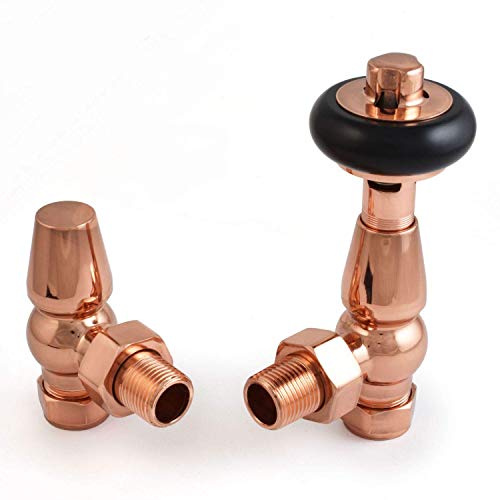 Faringdon Traditional Thermostatic Radiator Valve Set - Polished Copper Radiator Valves | Angled TRV & Lockshield