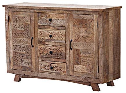 Indische Kommode Asmahan 135x40x90 cm (B/T/H) mit handgeschnitzter Front schmal Sideboard aus massivholz Mango CAC14501195