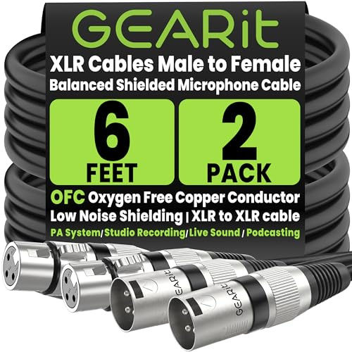 GEARit 22AWG OFC XLR Cables 6 FT 2-Pack Male to Female for Podcast Studios | Balanced 3-Pin Microphone Cables with Dual Shielding for Streamers Content Creators Mixers Interfaces and Home Recording