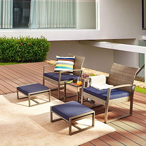 LOKATSE HOME 5-teiliges Rattan-Set für den Außenbereich, Terrassenmöbel, PE-Rattan, wetterfeste gepolsterte Stühle, Balkonveranda mit Ottomane und Glas-Couchtisch, blau