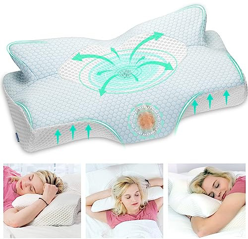 Elviros Orthopädisches Kopfkissen aus Memory Foam, Seitenschläferkissen Nackenstützkissen, Kopfkissen Nackenschmerzen, Ergonomisches Schlafkissen für Nacken-und Schulterschmerzen, 53.8x11/9x33cm, Blau