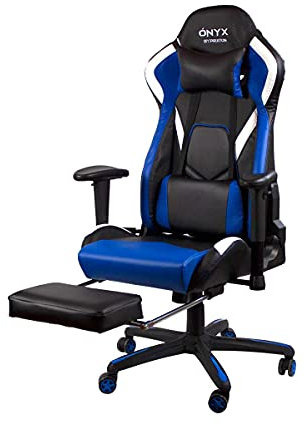 PRIXTON Gaming Stuhl Onyx | Gaming Chair, Ergonomischer Bürostuhl, Integrierte Fußstütze, Nackenkissen, 180º Liegeposition, Schreibtischstuhl aus PVC, Blau